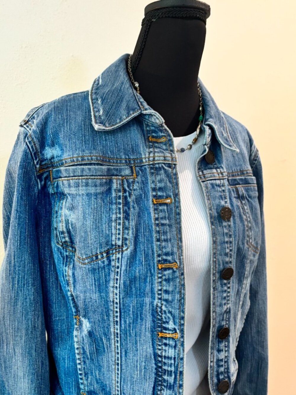 New York & Company Distressed Denim Jacket Medium Wash - Size M
